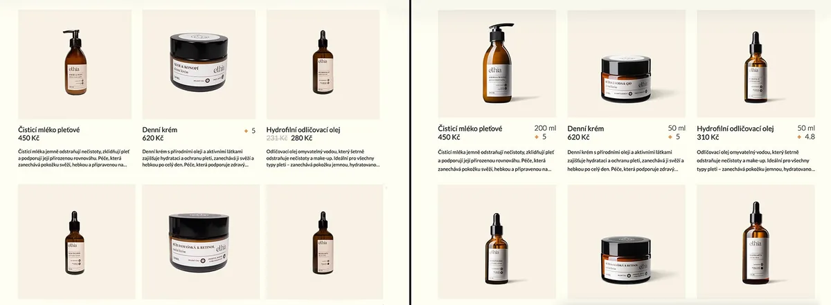 Srovnání fotografií kosmetiky Ethia v e-shopu: vlevo amatérské, vpravo profesionální produktové fotografie