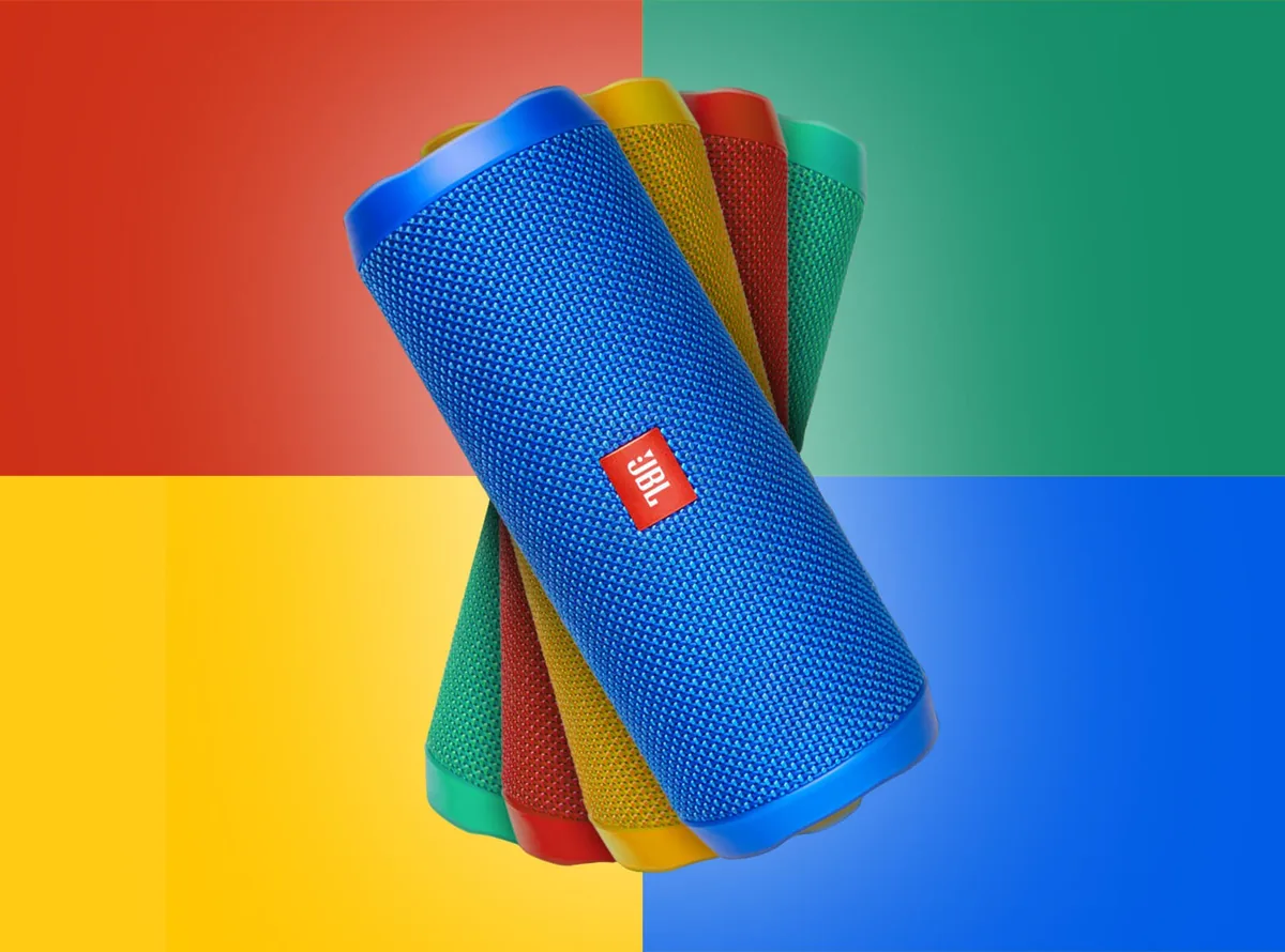 Four levitating JBL speakers in blue, yellow, red and green