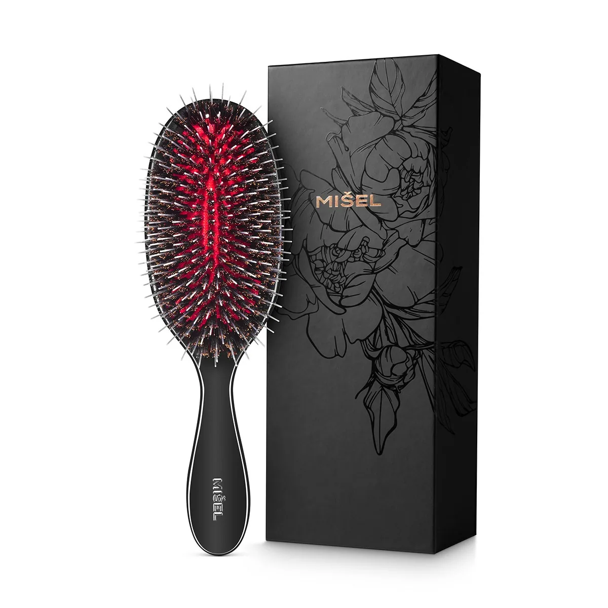 Black comb with a red detail next to its box