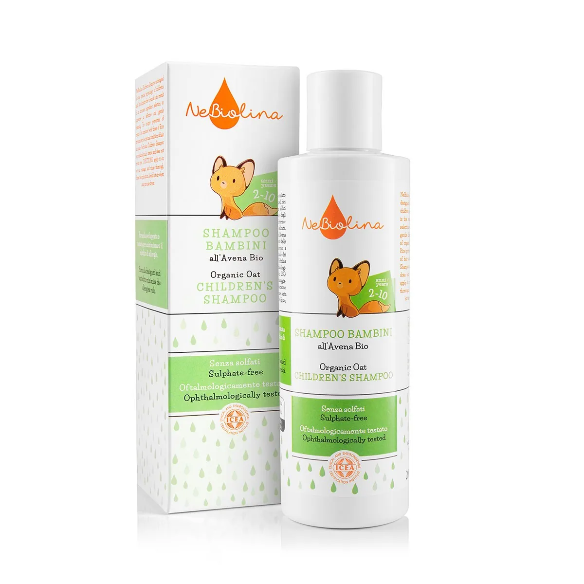 Nebiolina children's shampoo with its box on a white background