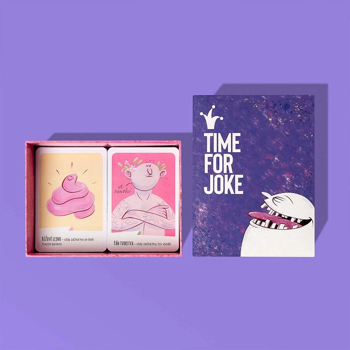 Purple box of the Time for Joke card game with cards