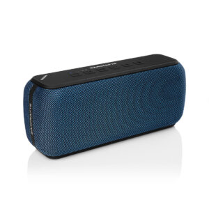 Modrý bluetooth reproduktor na bílém pozadí